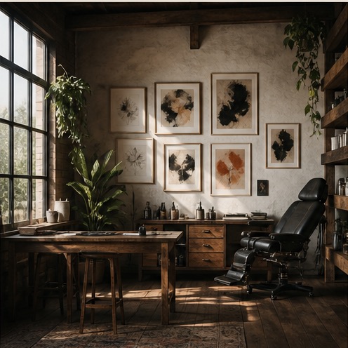 A fictional independent tattoo studio interior